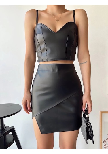 Kapaklı Asimetrik Model Deri Etek Siyah S240106 Siyah