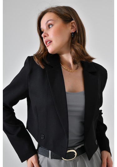 Siyah Kruvaze Crop Blazer Ceket Siyah