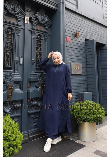 Kadın Lacivert Aerobin Uzun Önü Yarım Fermuarlı İkili Takım T1219 Lacivert