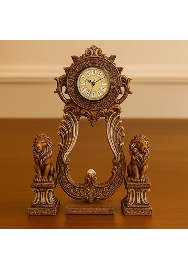 Aslan Figürlü Dekoratif Masa Saati Kraliyet Tarzı 40x28 A.kahve
