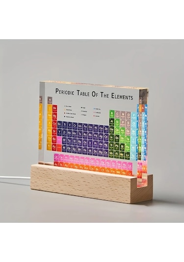 Fochsia Akrilik Periyodik Tablo Aydınlatmalı Ahşap Taban - Eğitici Kimya Öğretim Aracı Elektron Konfigürasyonlu