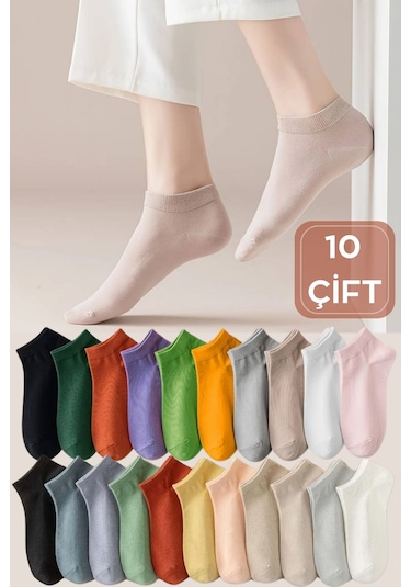 Kral Socks Yazlık Pamuklu Penye Kadın Patik Çorap 10 Çift - Çok Renkli