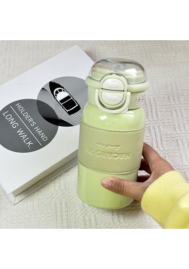Planet Termos Kupası Kızlar Basit Ve Yüksek Yüz Değeri Çift İçme Kupası Öğrenci Taşınabilir Paslanmaz Çelik Deri Kılıf Pipet Su Bardağı Yeşil-bw037