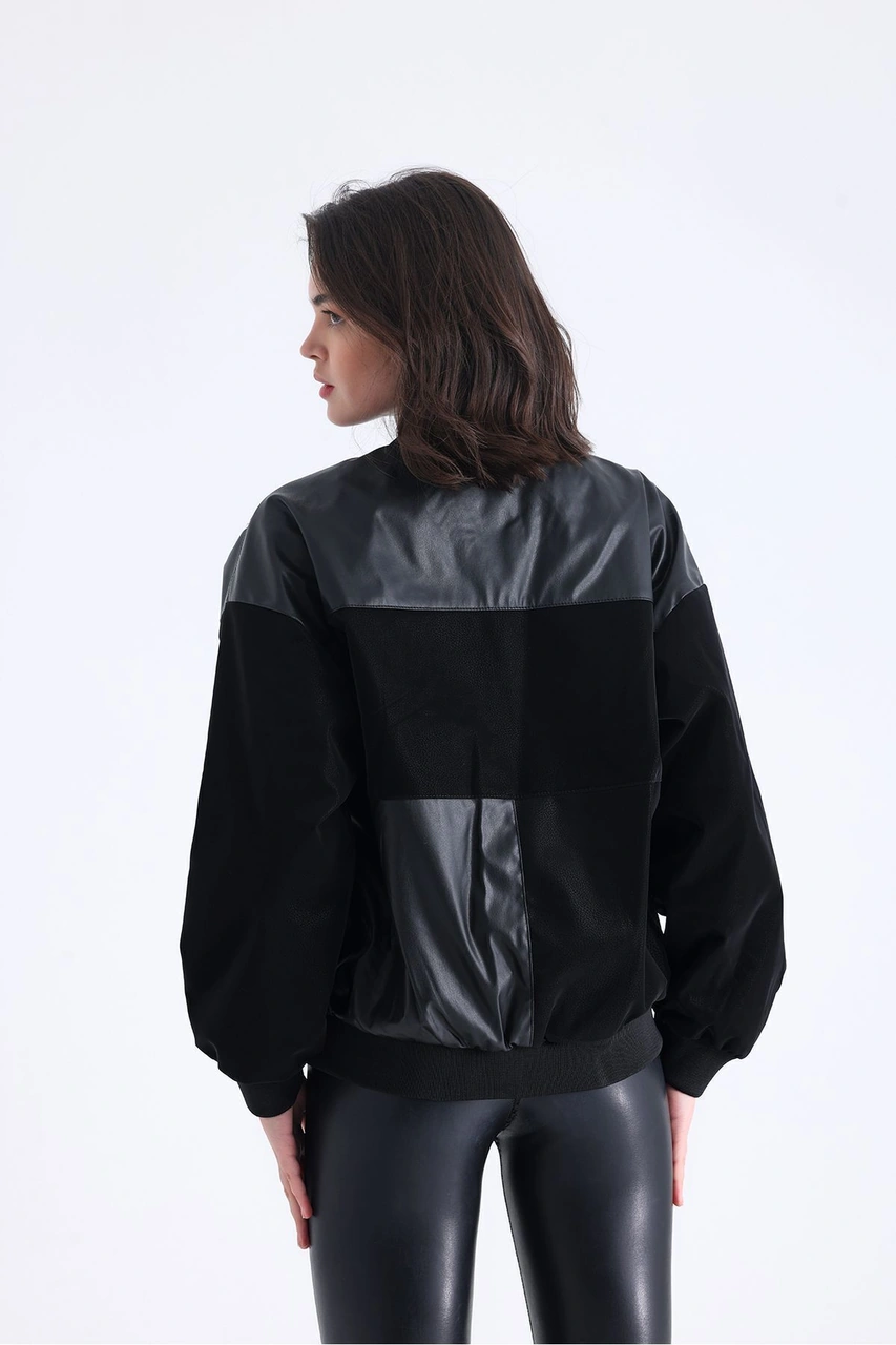 Kadın Oversize Baskılı Deri Motorcu Montu Fermuarlı Yarışçı Ceket Astarlı Bomber Kolej Mont Siyah