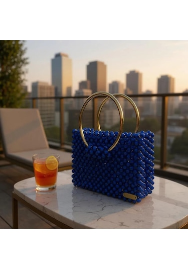 Plentiful İnci Boncuk Çanta, Abiye , Gece , Düğün, Gelin,nişan Çantası Mavi