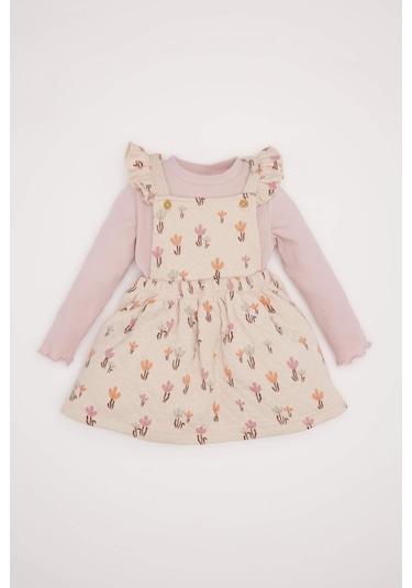 DeFacto Kız Bebek 2'li Takım Çiçekli Fitilli Kaşkorse Elbise Basic Düz Uzun Kollu Tişört D7252A524WNER120 Ekru