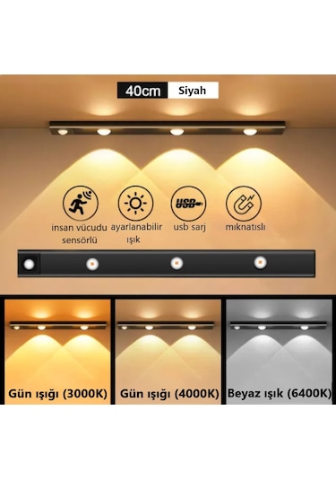 2 Adet 40cm Led Sensörlü Usb Şarjlı Mıknatıslı Mutfak,dolap Işık