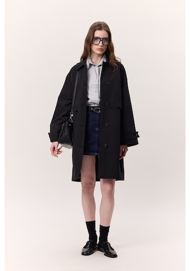 Bel Ayarlamalı Hafif Trençkot Siyah Siyah