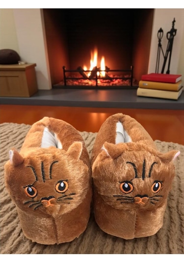 Kadın Kız Çocuk Yumuşak Soft Hayvanlı Kedi Figürlü Panduf Ev Ayakkabısı Kahverengi