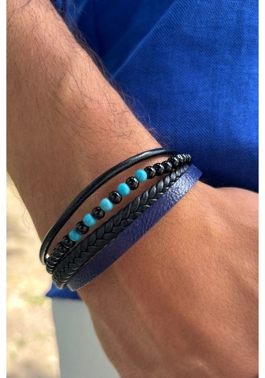 Taşlı Örgülü El İşçiliği İle Üretilmiş Hakiki Deri Erkek Bileklik Mavi - Siyah
