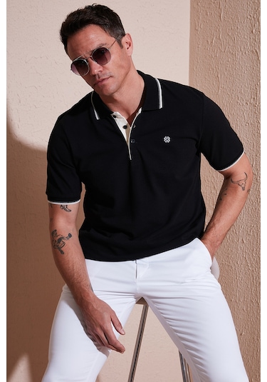 Buratti % 100 Pamuk Düğmeli Regular Fit Erkek Polo Yaka T Shirt 5902118 Siyah-Beyaz