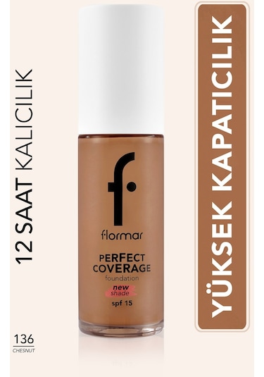 Flormar Perfect Coverage Yoğun Kapatıcı Su Bazlı Fondöten (Sıcak Alt Ton) -136 Chesnut -8682536070652