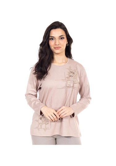 Yeni Sezon Kadın Orta Yaş Ve Üzeri Viskoz Kanaviçe İşlemeli Lüks Anne Penye Bluz 24311-krem Rengi