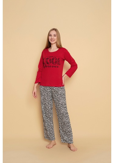 Kadın Penye Sıfır Yaka Uzun Kol Pijama Takımı Koyu Kırmızı
