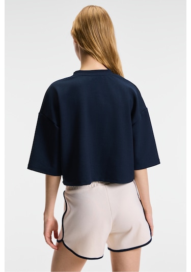 VELA Kadın Esnek Kumaşlı Bisiklet Yaka Oversize Fit Lacivert T-Shirt