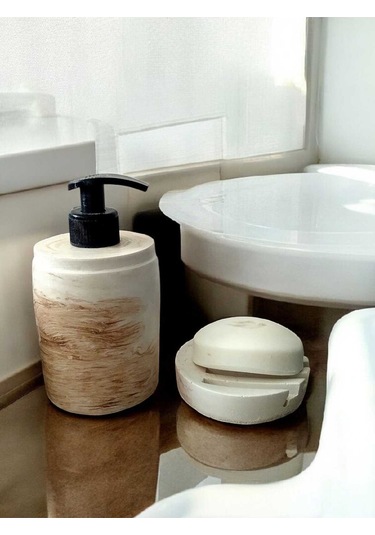 Marble Bej Banyo Seti,sıvı Sabunluk Diş Fırçalığı Beton Aksesuar Takımı Bej