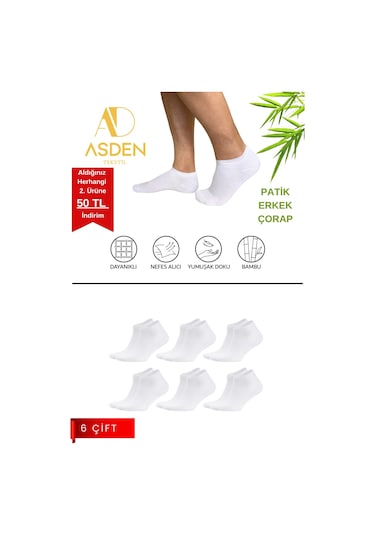 Asden Bambu Erkek Patik Çorap Lacivert 12'li, Dikişsiz, Soft Yıkamalı 6 Çift Beyaz