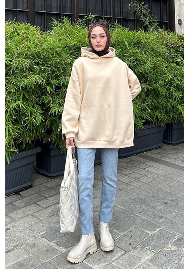 Kapüşonlu Salaş Sweatshirt Krem