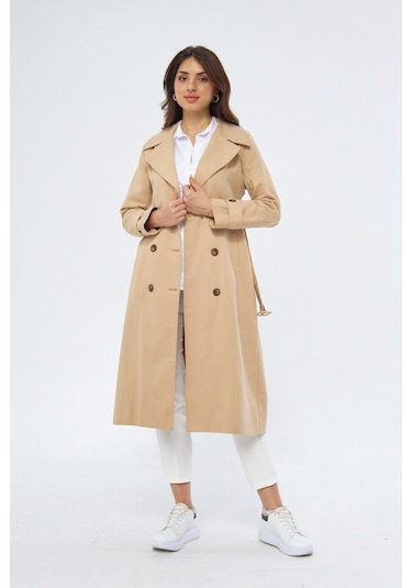 %100 Pamuk Ekstra Uzun 120cm Kruvaze Kadın Trençkot 1121 Açık Bej