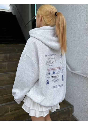 Siylish Casual Hırka - Gri Baskılı Oversize Kapüşonlu Gri