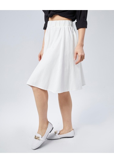 Nurören Flamlı Keten Midi Boy Kloş Etek-beyaz-01 Beyaz