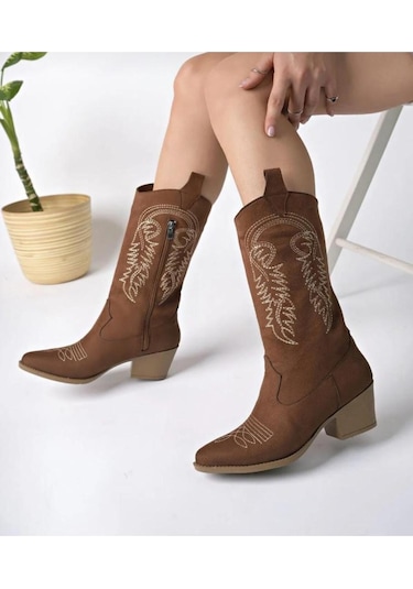 Kovboy Kanvas Western Tarz Sivri Bot Taba