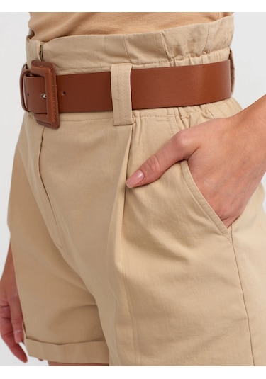 Ollacollection Yüksek Bel Kemerli Şort Camel