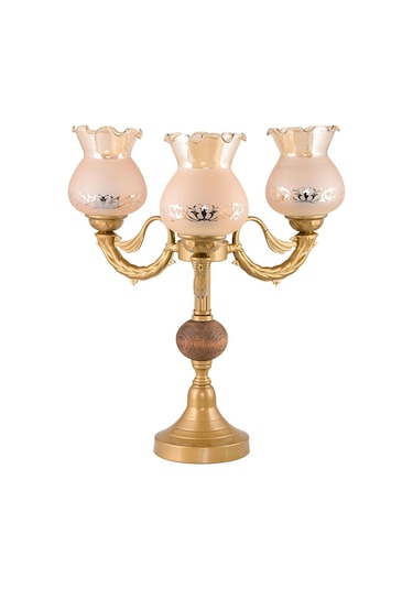 Üçlü Şamdan Masa Lambası Abajur Eskitme Bal Rengi Camlı Eskitme