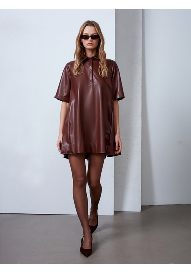 Dilvin 90934 Suni Deri Mini Gömlek Elbise-karamel Karamel