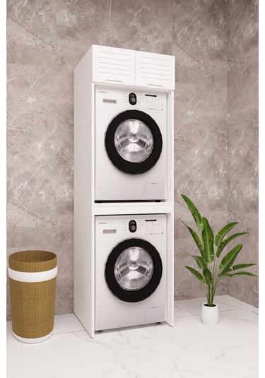 Mdf Çamaşır Makinesi Ve Kurutma Makinesi Dolabı Lake Panjur Kapak Beyaz