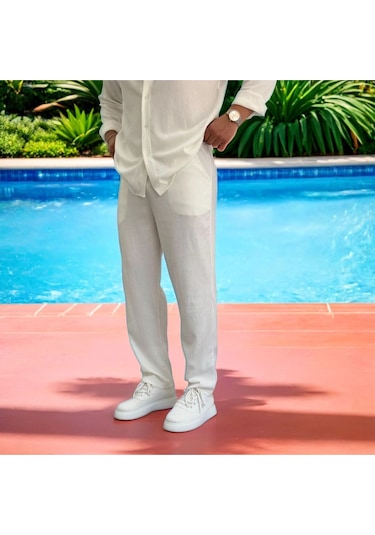 Erkek Bürümcük Krinkıl Kumaş Yazlık Likralı Apaj Yakalı Gömlek Ve Eşofman Takım Kombini Beyaz