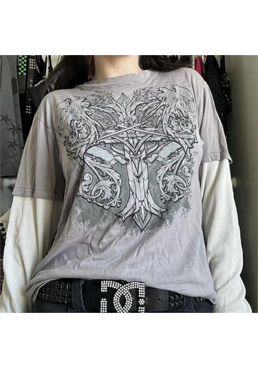 Gri Vintage Beyaz Kollu Renaissance Cross Cyber Grunge İnce Sweatshirt-17191 Gri