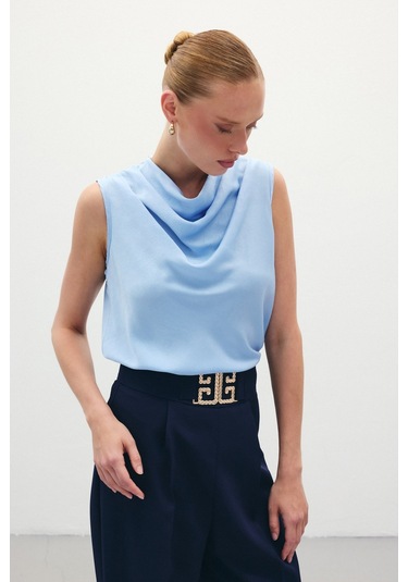 Sateen Degaje Yaka Saten Bluz - Mavi-136199 Mavi