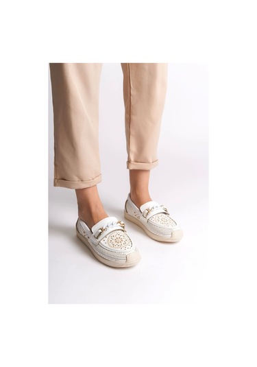 Lızy Bağcıksız Ortopedik Rahat Taban Çiçek Desenli Babet Ayakkabı Kt Beyaz Beyaz