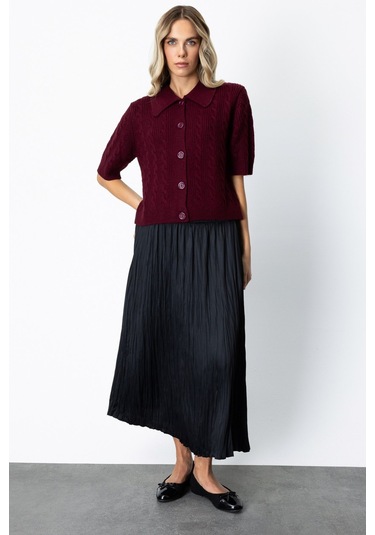 On Kadın Kırışık Görünümlü Midi Etek 64209 Siyah Siyah