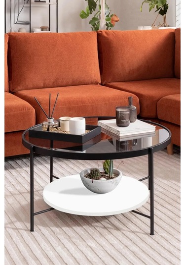 Nordic Orta Sehpa Temperli Cam 75 Cm Demonte Çizilmez Kırılmaz Metal Çerçeve Raflı Minimalist Sehpa - Beyaz Beyaz