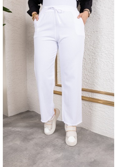 Beli Lastikli Keten Pantolon - Beyaz / A0104 Beyaz