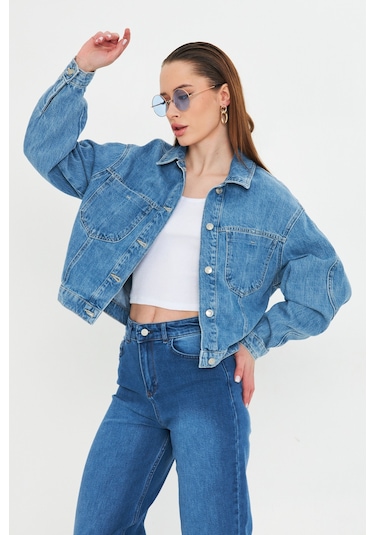 Mavi Yıkamalı Oversize Denim / Kot Ceket Orta Mavi