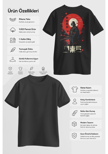 Spoyi Red Moon Warrior Tasarımlı %100 Pamuk Yarım Oversize Siyah T-shirt