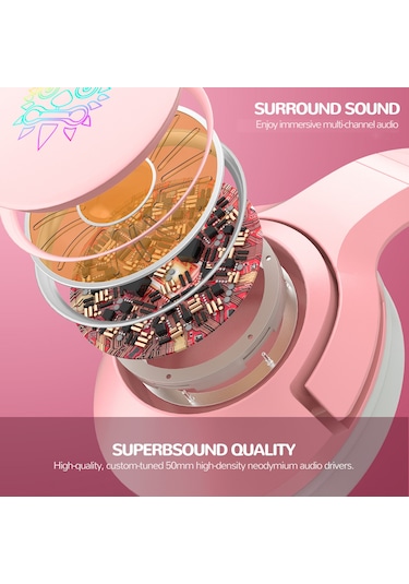 Jeemson Onıkuma K9 Pembe Oyun Kulaklığı: 50mm Surround Ses, Rgb Işık, Mikrofon, Kaldırılabilir Kedi Kulakları, Hızlı Kontroller