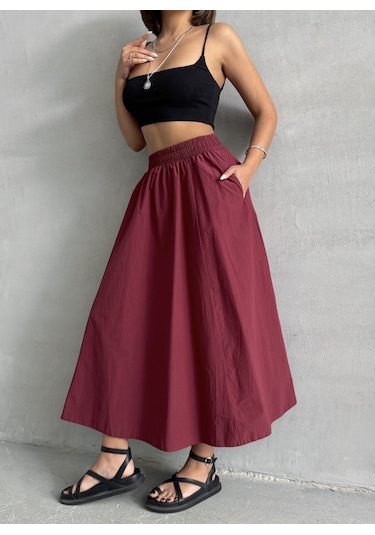 Kadın Beli Lastikli Dokuma Kloş Etek Bordo Kadın Beli Lastikli Dokuma Kloş Etek Bordo