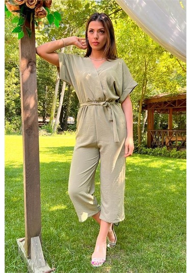 Kadın Yeşil Kruvaze Yaka Bağlama Detaylı Ayrobin Tulum Dpnb10049 Yesil