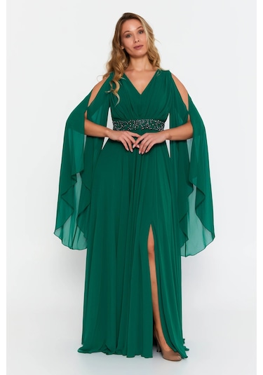 Doridorca Kadın Büyük Beden V Yaka Maxi Abiye Elbise 6021 Zümrüt Zümrüt