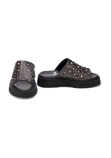 Kadın Siyah Simli Hakiki Deri Taşlı Yumuşak Kalın Tabanlı Terlik