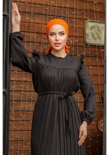 Fırfırlı Pilise Elbise 777 - Siyah