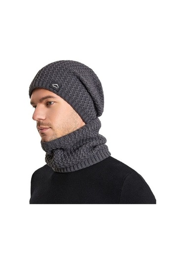 Kış Artı Kadife Sıcak Örme Şapka Erkek Soğuğa Dayanıklı Kulak Koruyucu Şapka Ve Atkı Seti 0933 Açık Gri