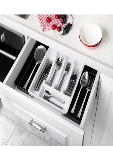 Bayev Çift Tarafa Açılabilen 5+2 Bölmeli Raylı Çatal-bıçak Organizeri - Beyaz