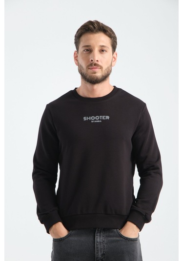 Shooter Sportswear Erkek Deluxe Sweatshirt Ekru Baskı Detaylı Standart Kalıp Siyah