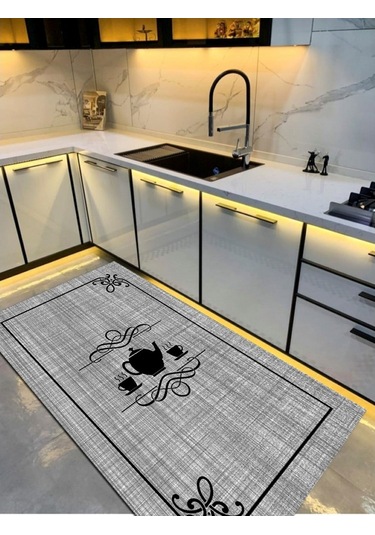 Gri Ve Somon, Kupa, Kaymaz Dökülmez Deri Taban Mutfak Halısı