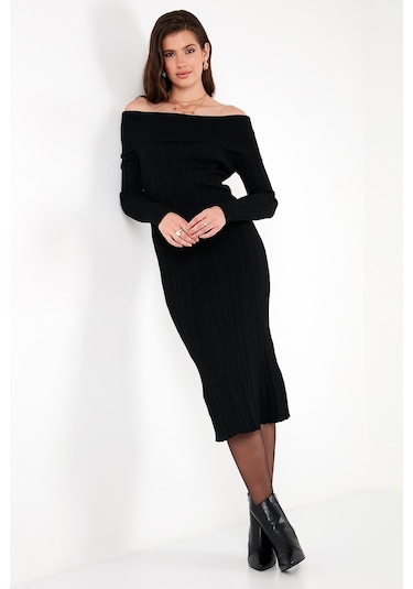 Lela Premium Fitilli Carmen Yaka Slim Fit Midi Boy Triko Bayan Elbise 680El00033 Siyah